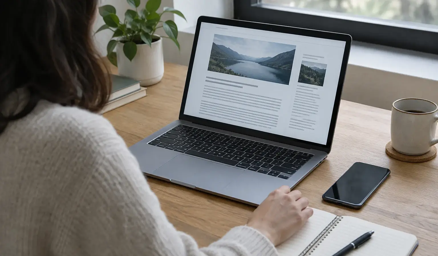 Une personne consulte une publication en ligne sur un ordinateur, un carnet ouvert à côté.