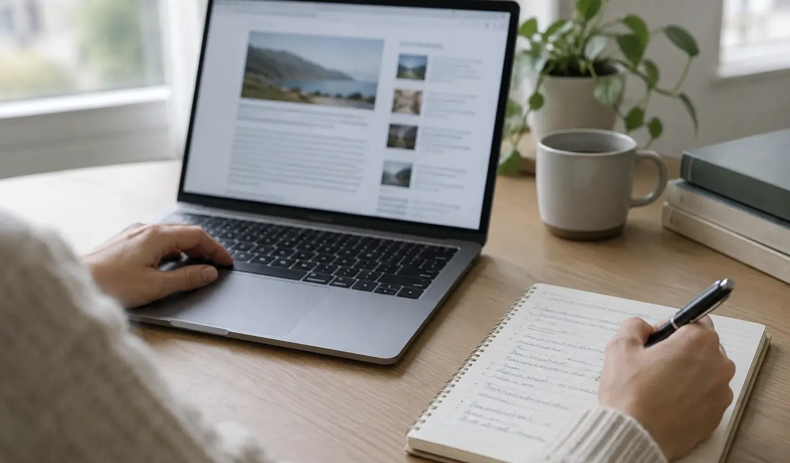 Un ordinateur affichant une page web floue à côté d’une note et d’un stylo.