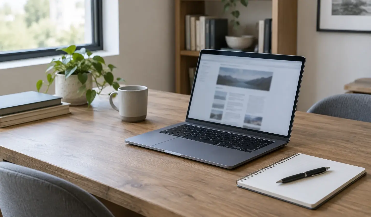 Un ordinateur affichant une page web floue sur un bureau de travail.