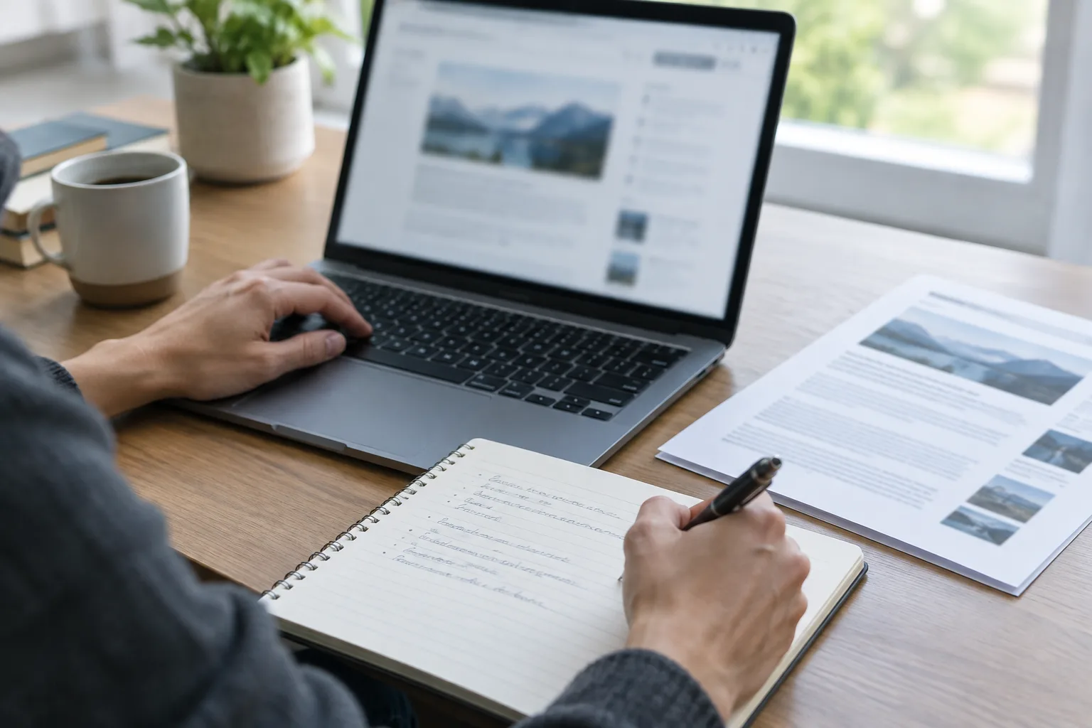 Des mains documentent une page web sur un ordinateur, avec une feuille imprimée posée à côté.