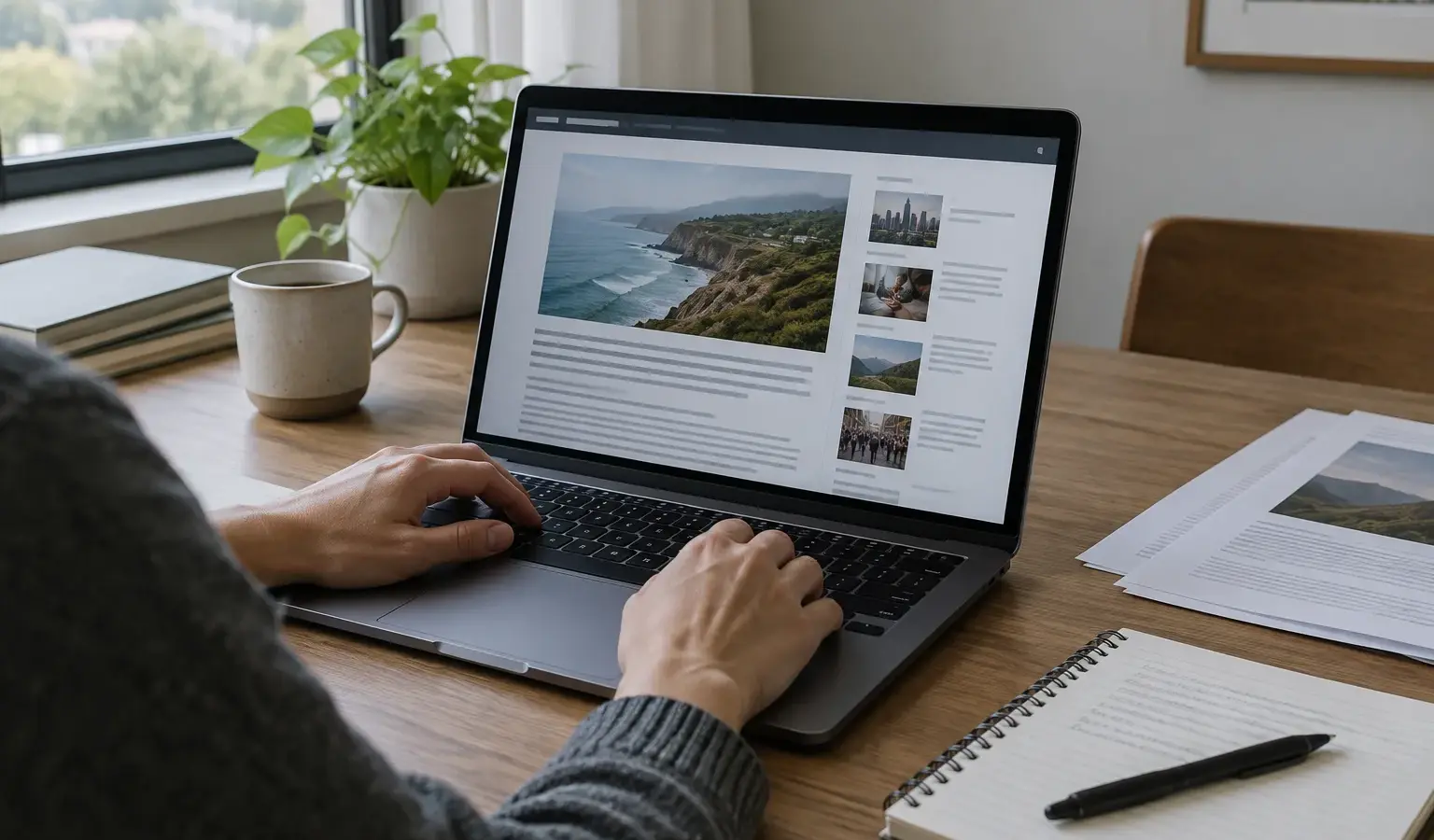 Une personne examine un article en ligne sur un ordinateur, avec des documents à côté.
