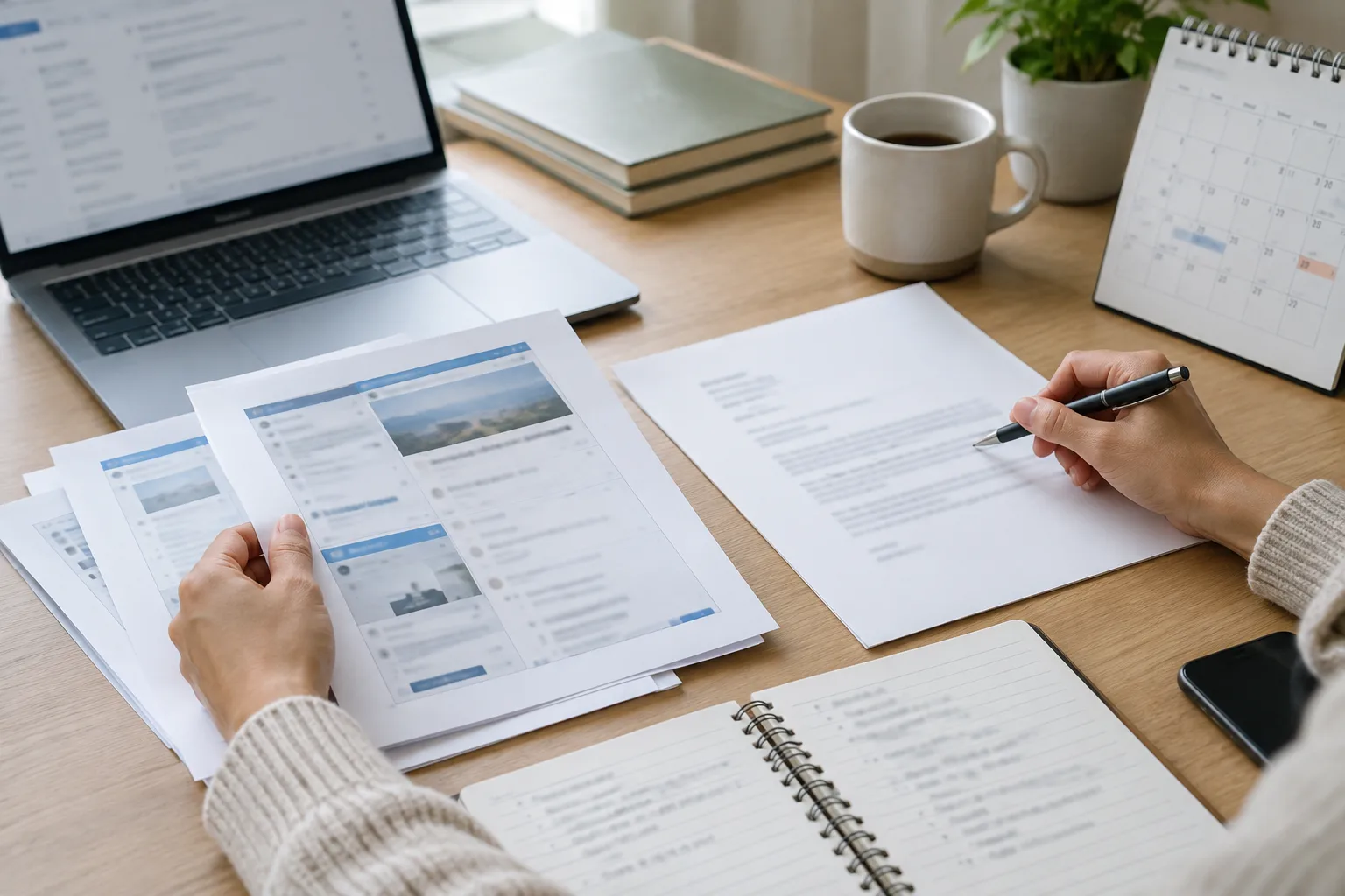 Des mains rassemblent des documents et des captures imprimées près d’un ordinateur.