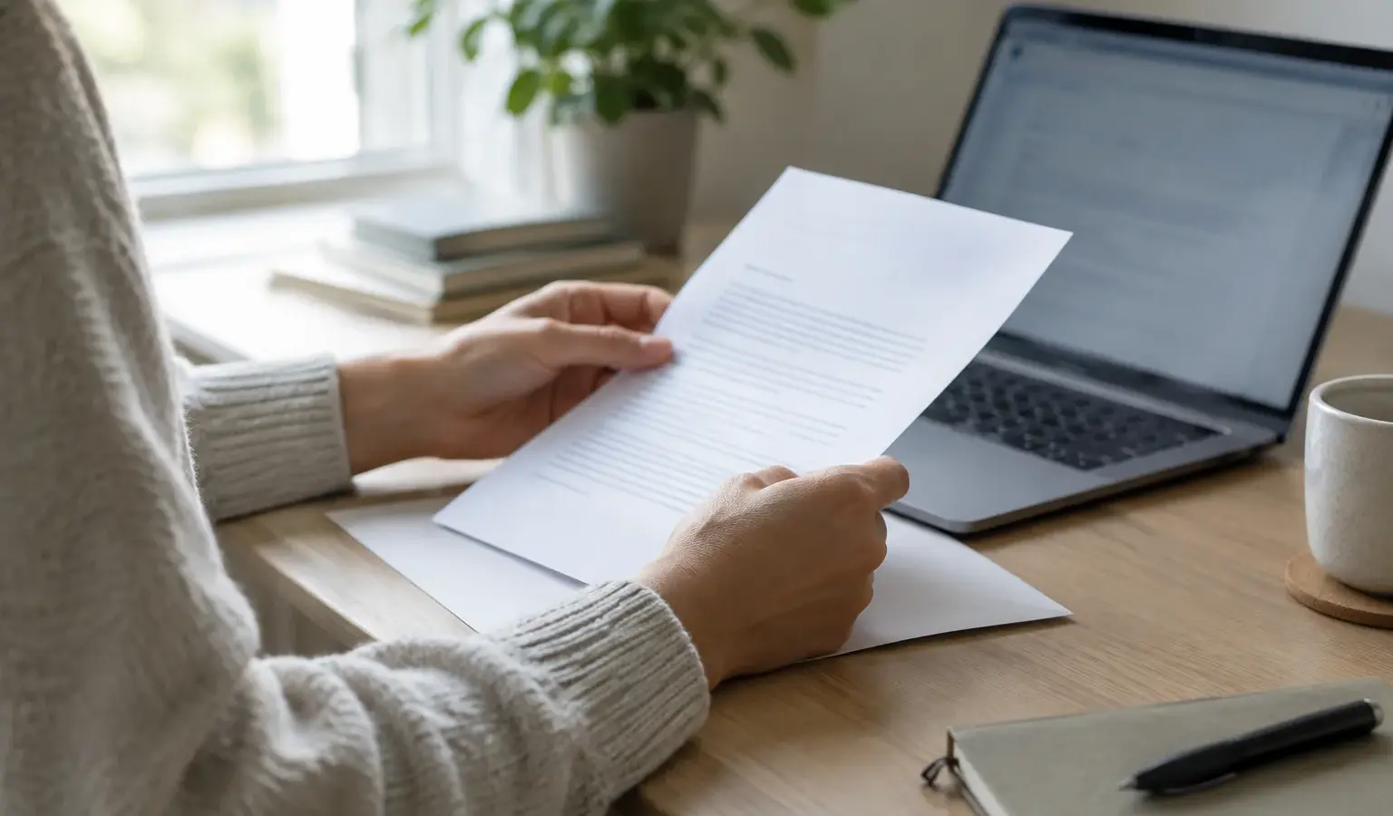 Une personne examine des documents et un ordinateur sur un bureau.