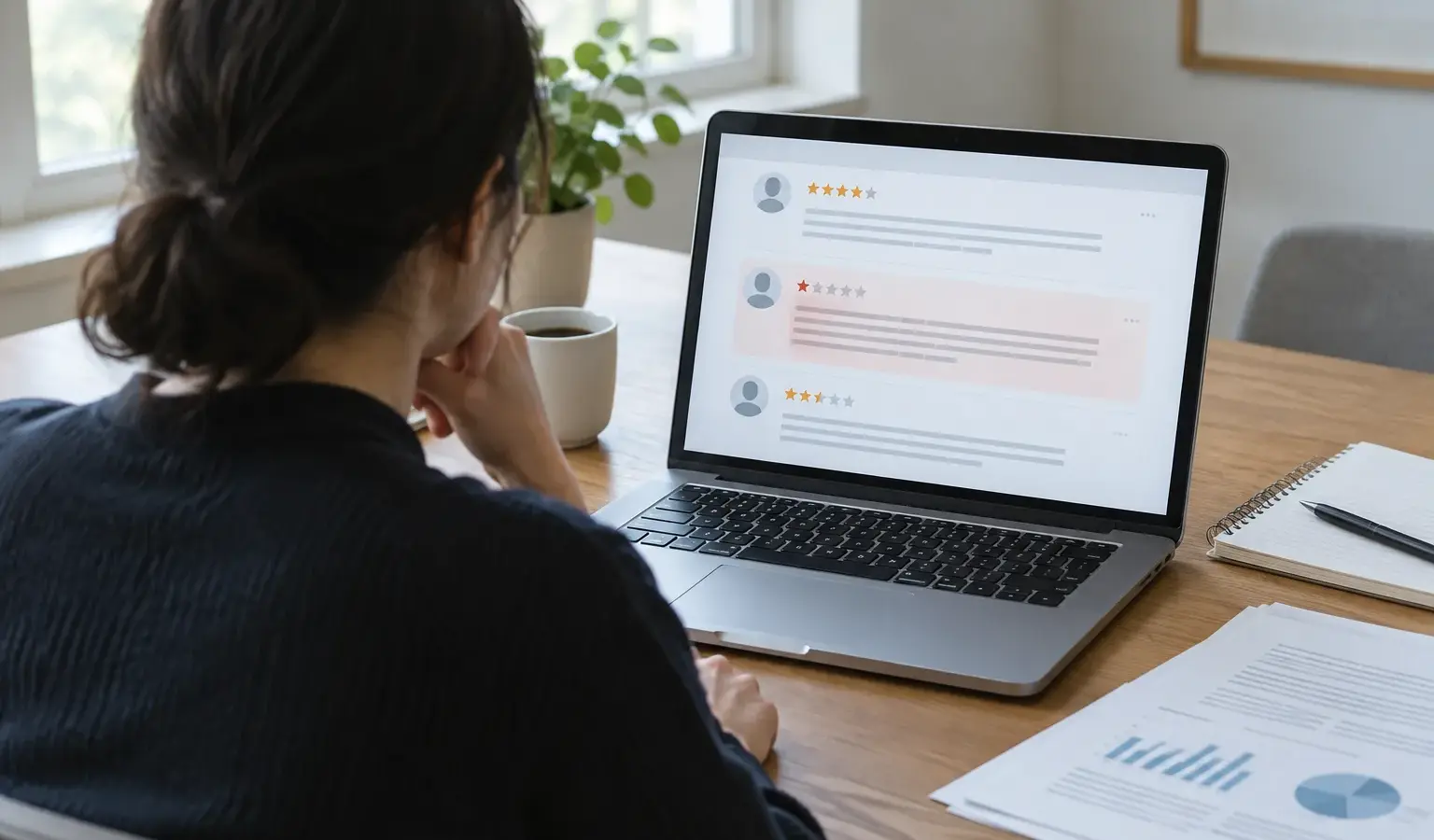 Une personne consulte un ordinateur et des documents à son bureau.
