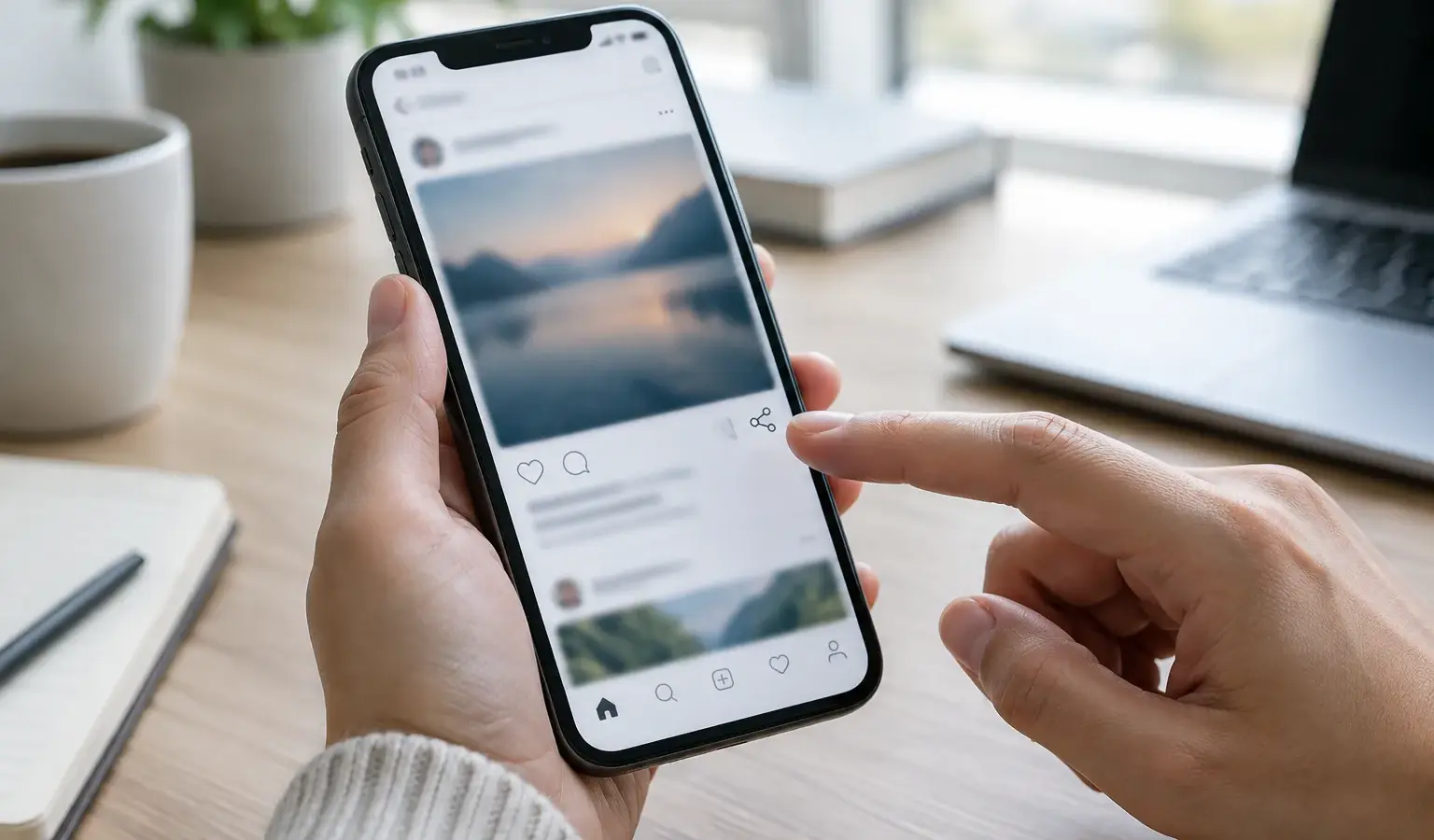 Une personne hésite à partager une publication sur un smartphone.