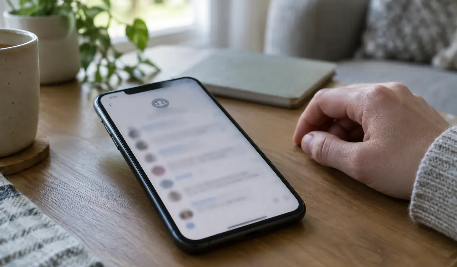 Un téléphone affiche une discussion de groupe en ligne aux messages illisibles.
