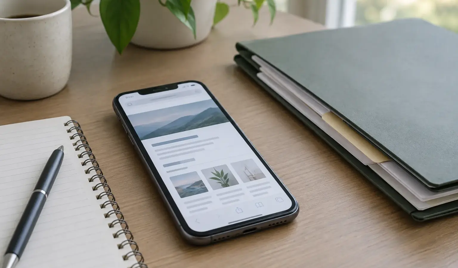 Un téléphone affichant une page web floue posé près d’un carnet et d’un dossier.