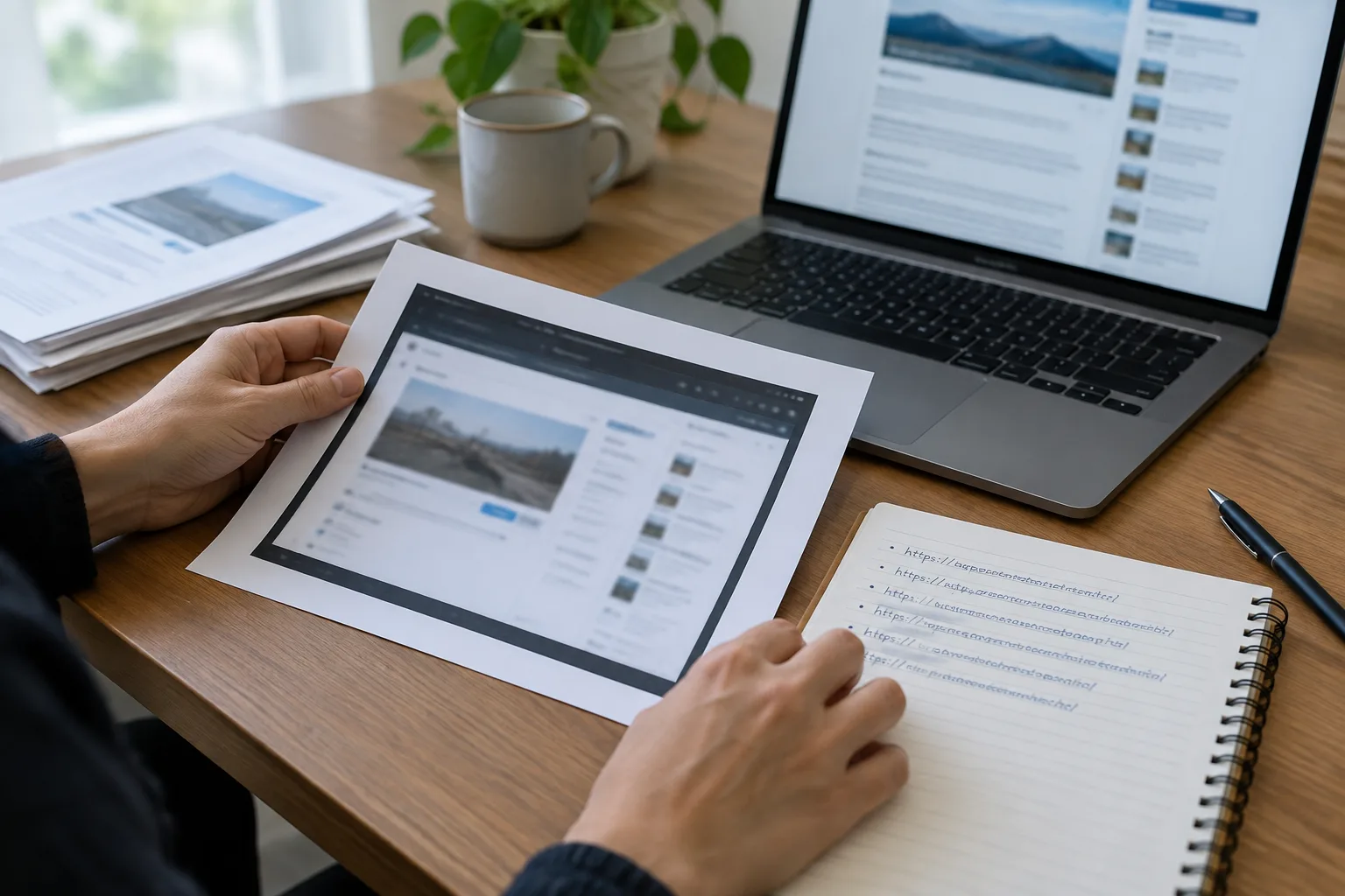 Des mains rassemblent des documents et des notes à côté d’un ordinateur pour conserver la trace d’une publication.