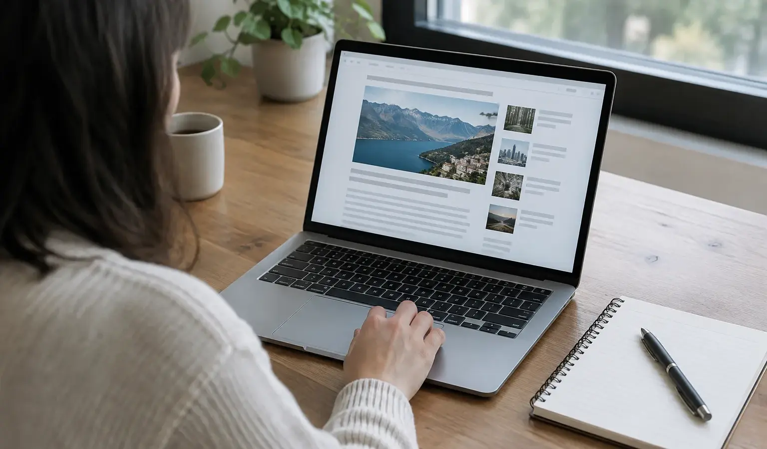 Une personne consulte un article en ligne sur un ordinateur, un carnet ouvert à côté.
