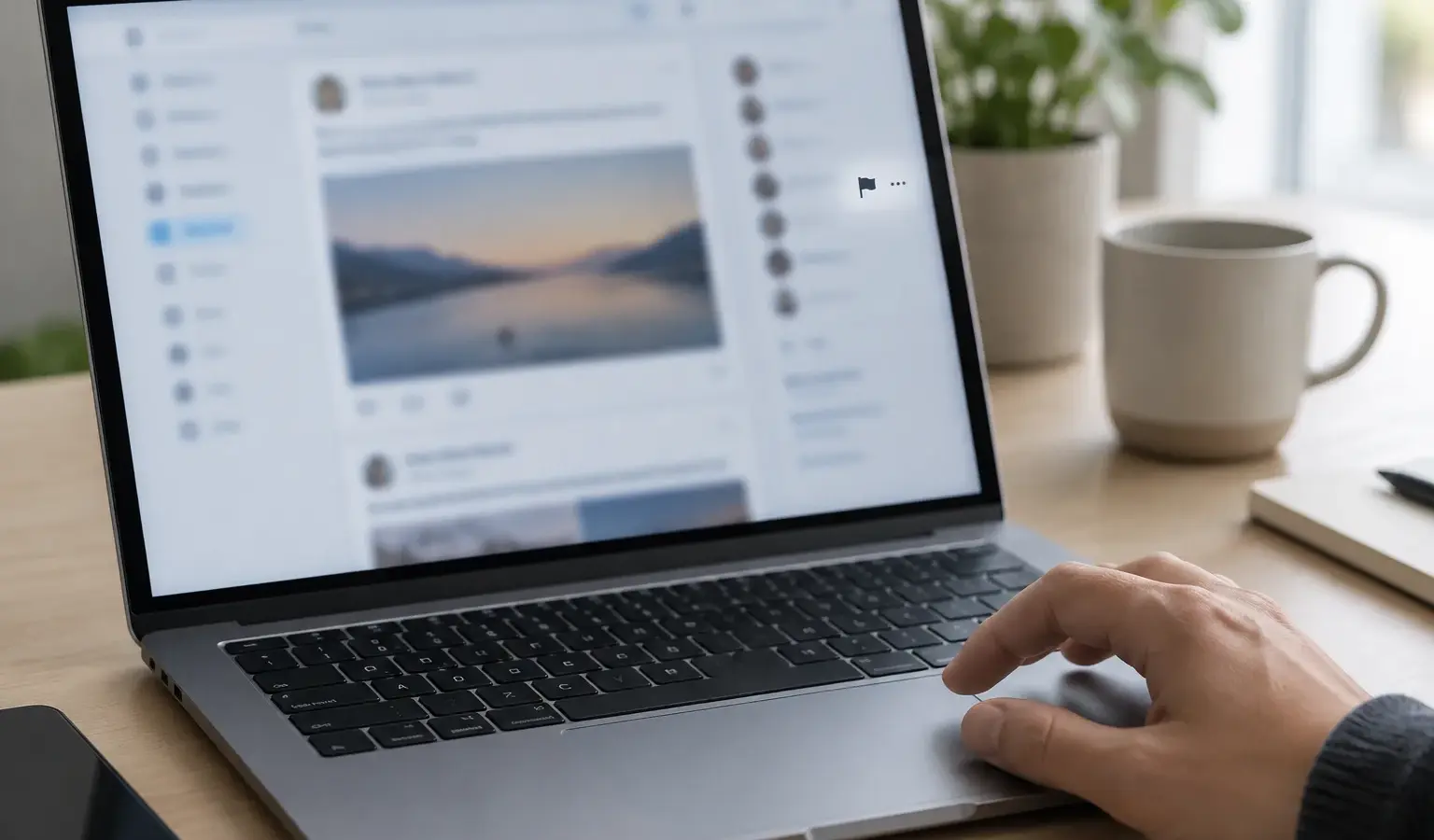 Un ordinateur affiche une interface de réseau social floutée pendant qu’un utilisateur prépare un signalement.